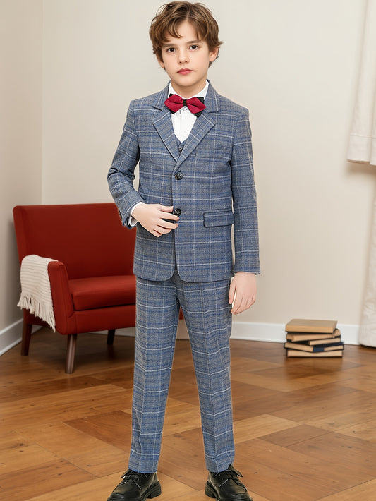 Boys' Suit Three-Piece Set Blue and White Plaid Jacket + Vest + Trousers 6-16 Size Formal Wear Boys' Wedding Dress Party Performance Outfit Christmas Collection School Event Attire