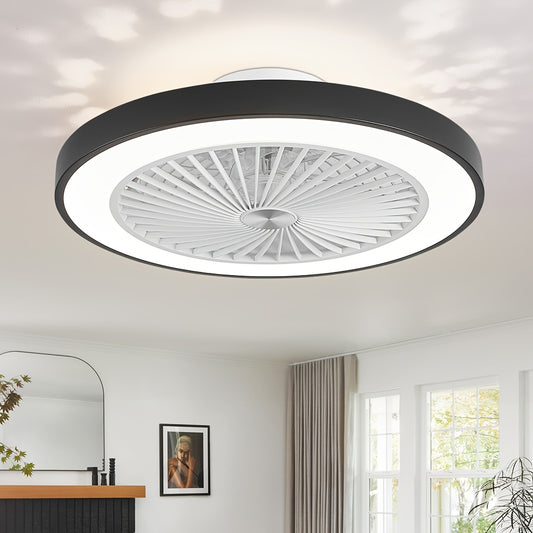 20" Modern Dimmable LED Ceiling Fan with Light Low Profile Flush Mount Ceiling Fan Light, Hidden Reversible Blades, Bladeless Ceiling Fans with Lights 3 Colors & 4 Speeds 3800LM 48W LED Fan Light for Christmas Gifts, Bedroom,