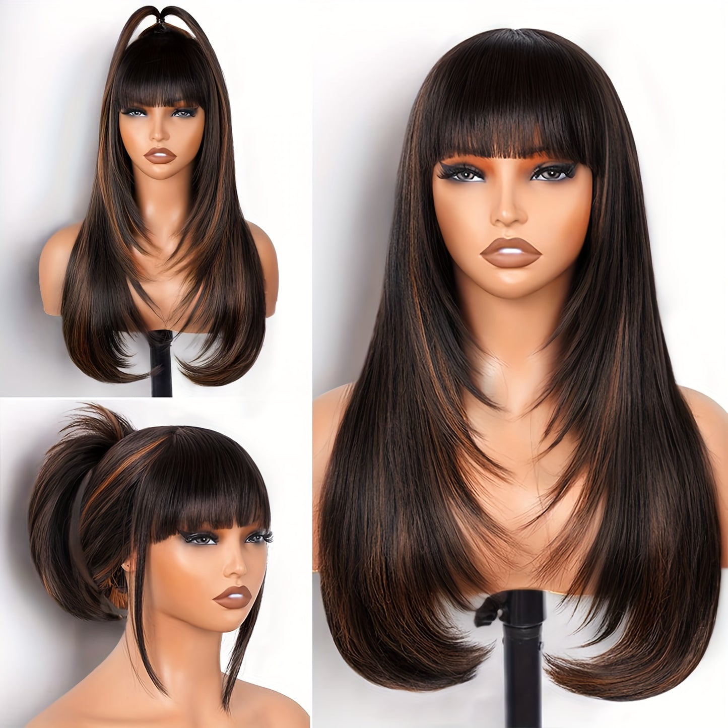 Long Straight Layered Wig with Bangs Glueless Natural Black Synthetic Bangs Wig 26 Inch Put On and Go Wigs High Temperature Fiber Pixie Cut Layered Wig for Women Daily Use