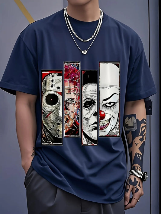 Men's Anime Horror Icons Graphic T-Shirt - Jason, Freddy, Pennywise & Chucky Printed 100% Cotton Casual Streetwear Round Neck Short Sleeve Tee for Pop Culture Fans & Casual Attire