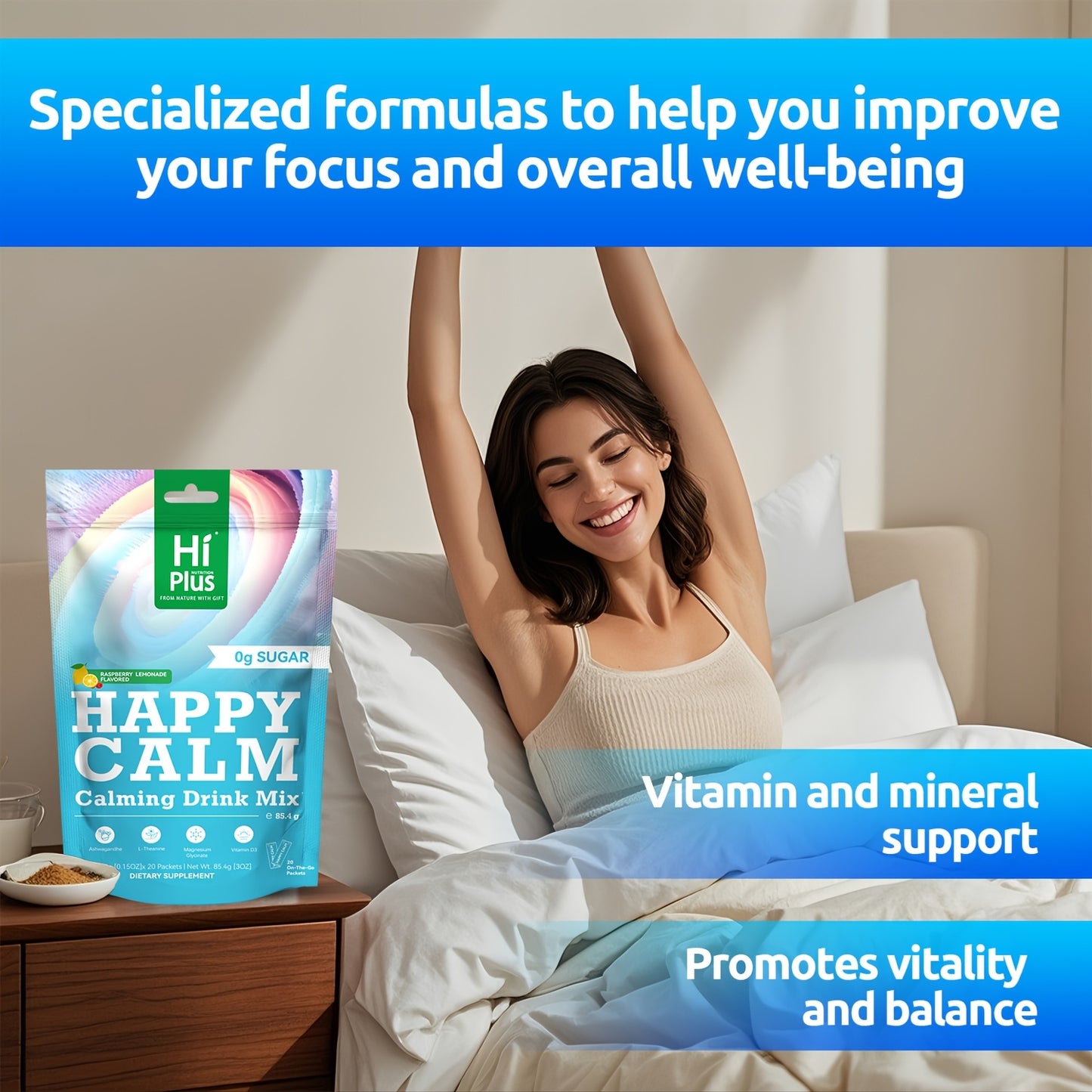 HiPlus Calm Super Powdered Drink Mix, Raspberry Lemonade, L Theanine, Ksm-66 Ashwagandha, Magnesium Glycinate, Vitamin D 3, Supplement for Relaxation And Concentration, Sugar-Free, On-the-Go, 20 Ct-Calming Magnesium Calming P