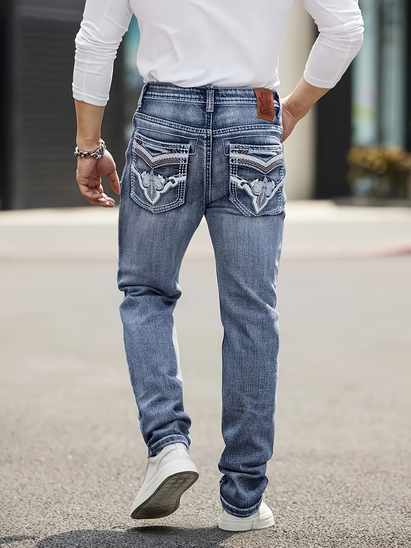 HME Men's Jeans - Stretch Slim-Fit Mid-Rise Pants with Elastic Waist, Vintage Washed Blue Denim, Five-Pocket Design & Built-In Zipper Closure, Machine Washable for Business, Office, Everyday Casual - All-Season Men's Pants, V