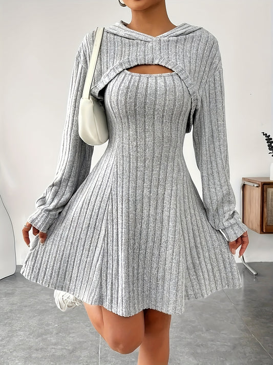 Orientation Fashion Solid Color Set Fall Winter Casual Elegant Long Sleeve Hooded Top Suspenders Slim Fit Dress Women'S Dress Set