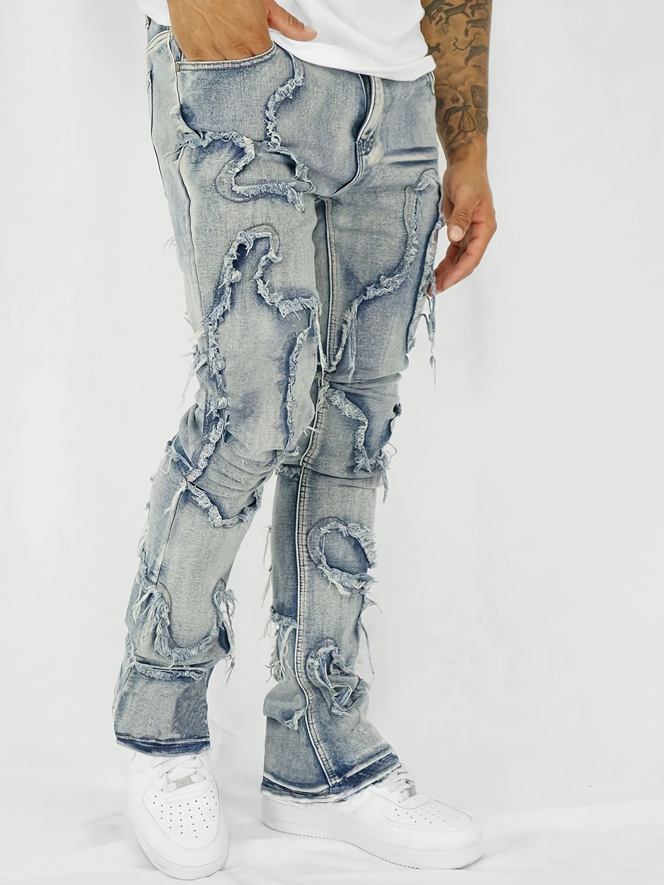 Men'S Casual Washed Denim Jeans With Fringed Edge Design, Slim Fit, Retro Streetwear, Trendy Brand, Versatile For Commuting