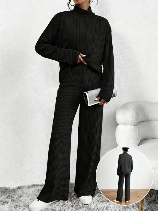 A Must-Have for Fall & Winter! Black Friday Preview - Women's Solid-Color Ribbed Turtleneck Sweater & Wide-Leg Pants Two-Piece Set - Bestseller, Cozy, Versatile for Home, Street, Sophisticated & Casual Sporty Looks