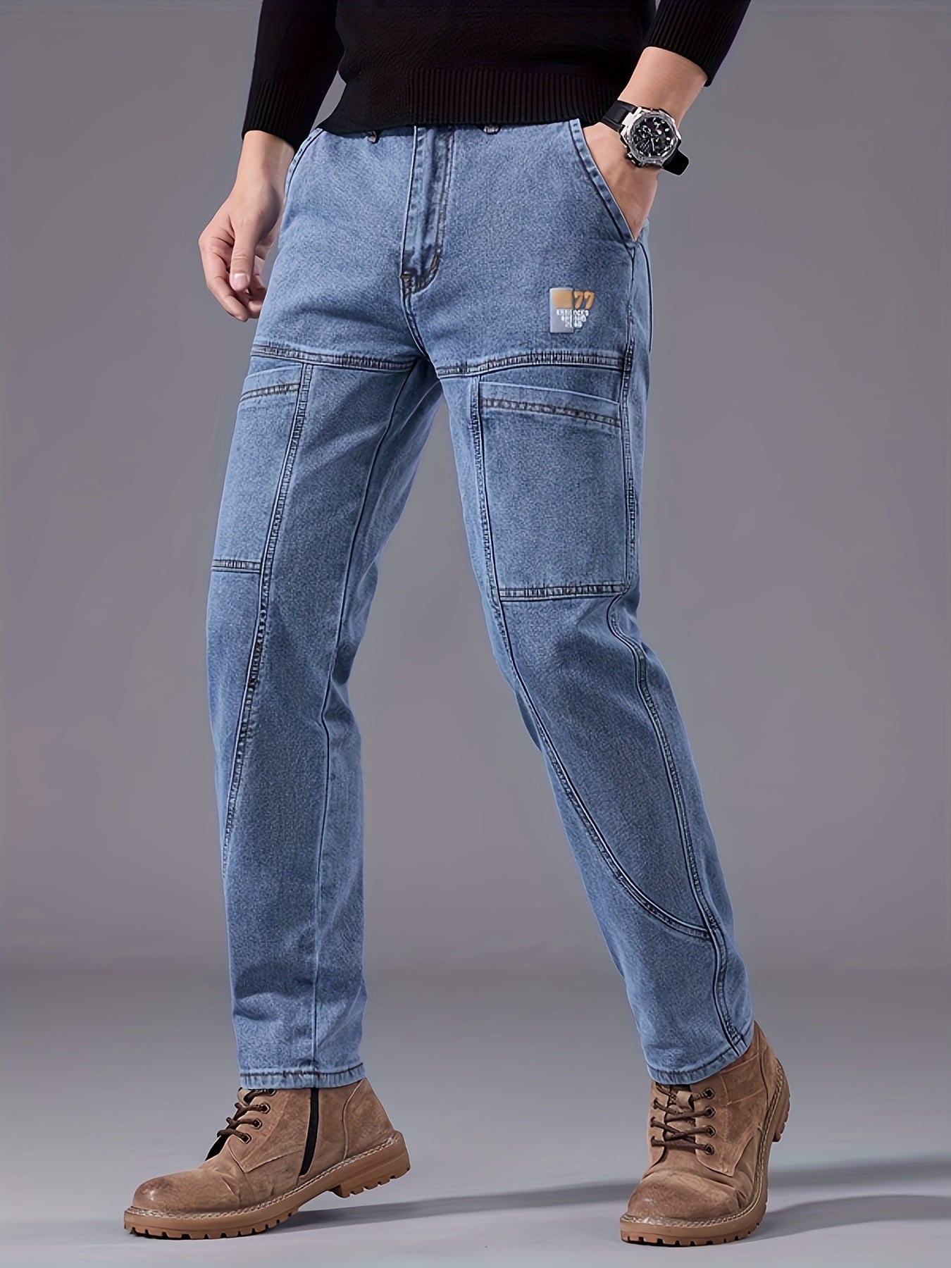 Men'S Small Straight Tube Style Fashionable Printed Six Pocket Design Micro Elastic Denim Pants
