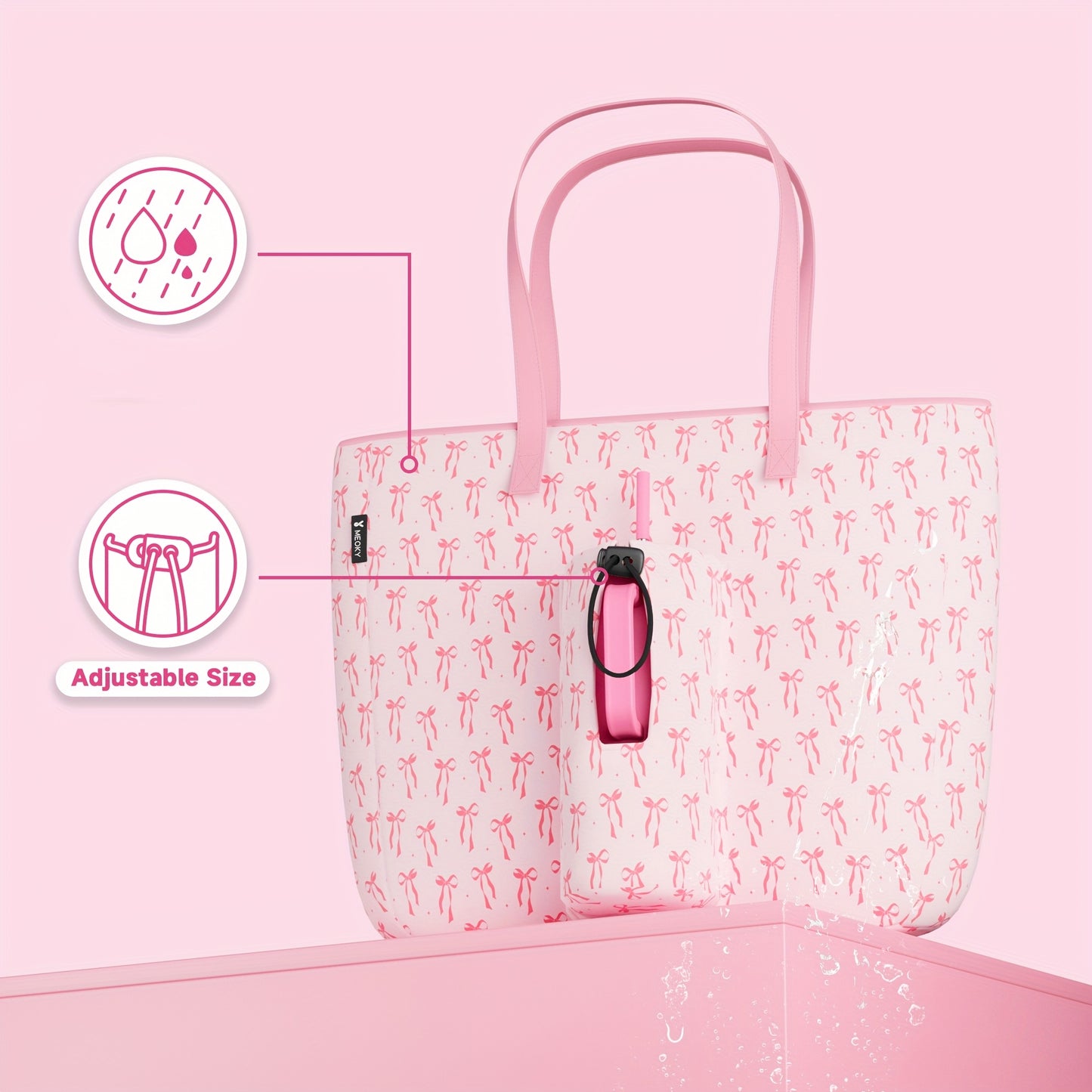 [Pink Nylon Tote] MEOKY Large Pink Nylon Tote Bag | 3.96gal High Quality with Zippered Compartment & Wrist Strap - Water Bottle Carrier Bag, Work Carryall Purse, Fashionable Luggage Accessory, Sturdy Handles for Travel, Work,