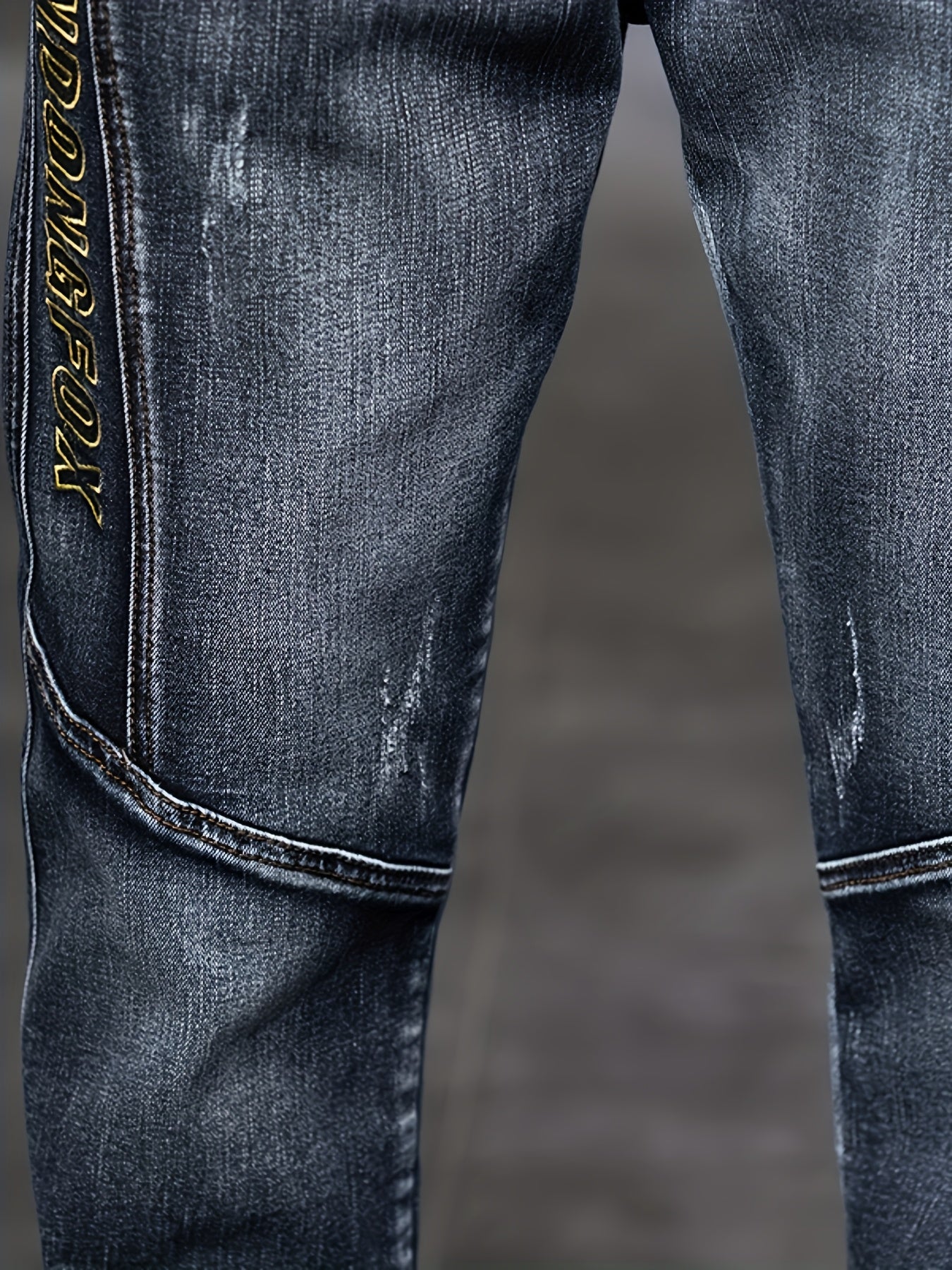 Men'S Slim-Fit Embroidered Denim Jeans with Adjustable Drawstring Waist - Stretch Straight-Leg Pants for Fall/Winter, Casual Casual Attire, Light Blue Washed Design, Comfortable Fashion, Fashionable Casualwear, Durable Fabric