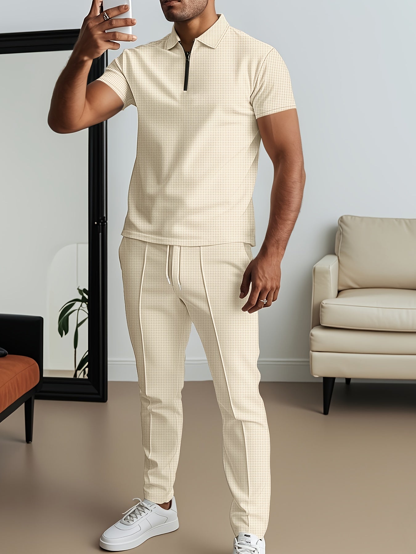 Men's Waffle Texture Lapel Shirt And Pants Set - Polyester Short Sleeved Shirt, Zipper Access, Elastic Drawstring Waist Straight Leg Pants 5 Colors Suitable For Spring, Summer, Autumn, Beach, Outdoor Activities, Daily Wear, S