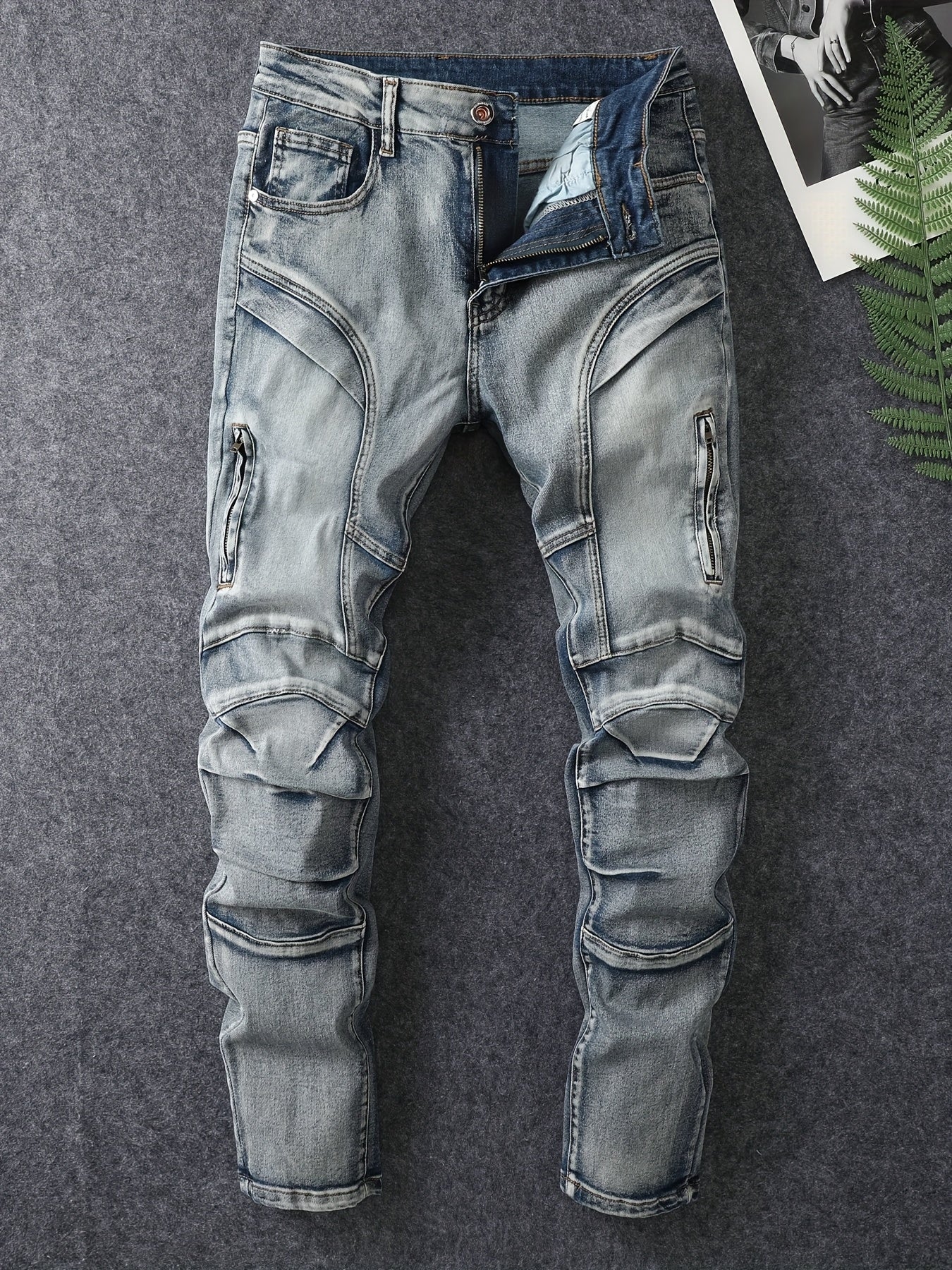 Men's Slim Fit Stretch Jeans - Washed, Bleached, Distressed, Panelled Design, Stylish Workwear, Practical And Wearable, Machine Washable All-season Jeans