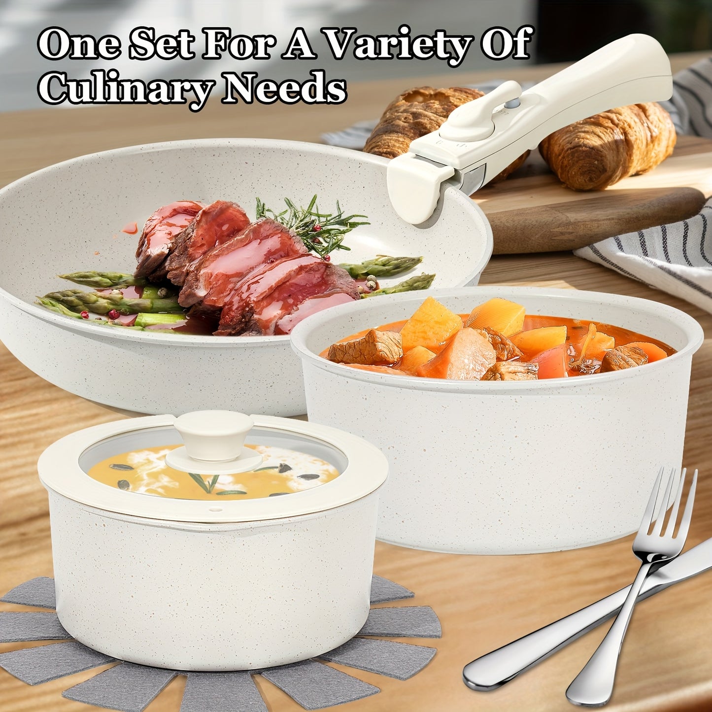 15 Pcs Pots and Pans Set, Non Stick Kitchen Cookware Set, Detachable Handle Nonstick Induction Cookware Cooking Sets with Removable Handle, Cookware Set, White