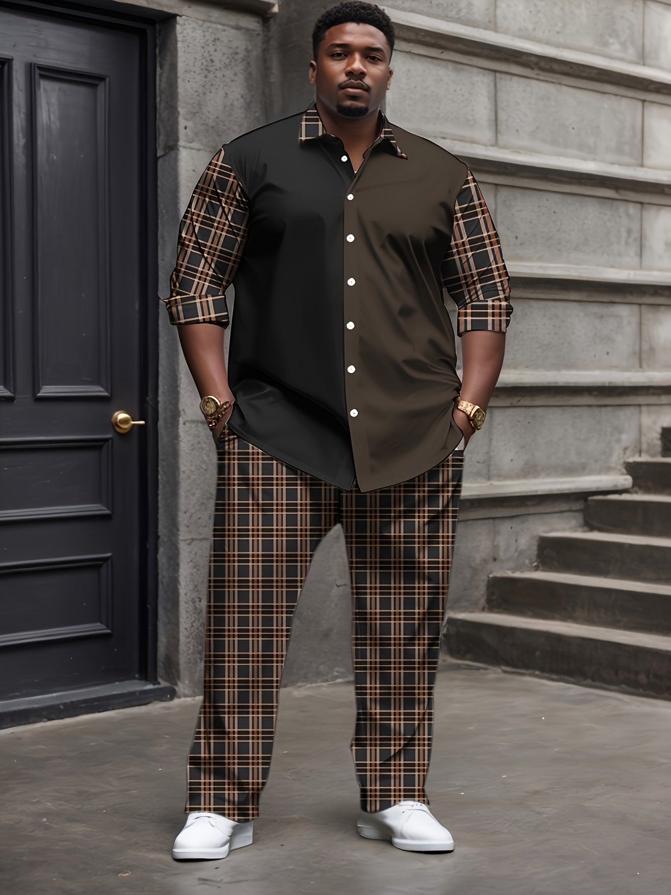 [Plus Size Suit Set] Men's Plus Size Suit - Stretch Long Sleeve Button-Up Shirt & Pants Set | Retro Geometric Check Pattern, V-Neck Lapel Design, Loose Fit for Casual & Formal Wear, Plus Size Blazers