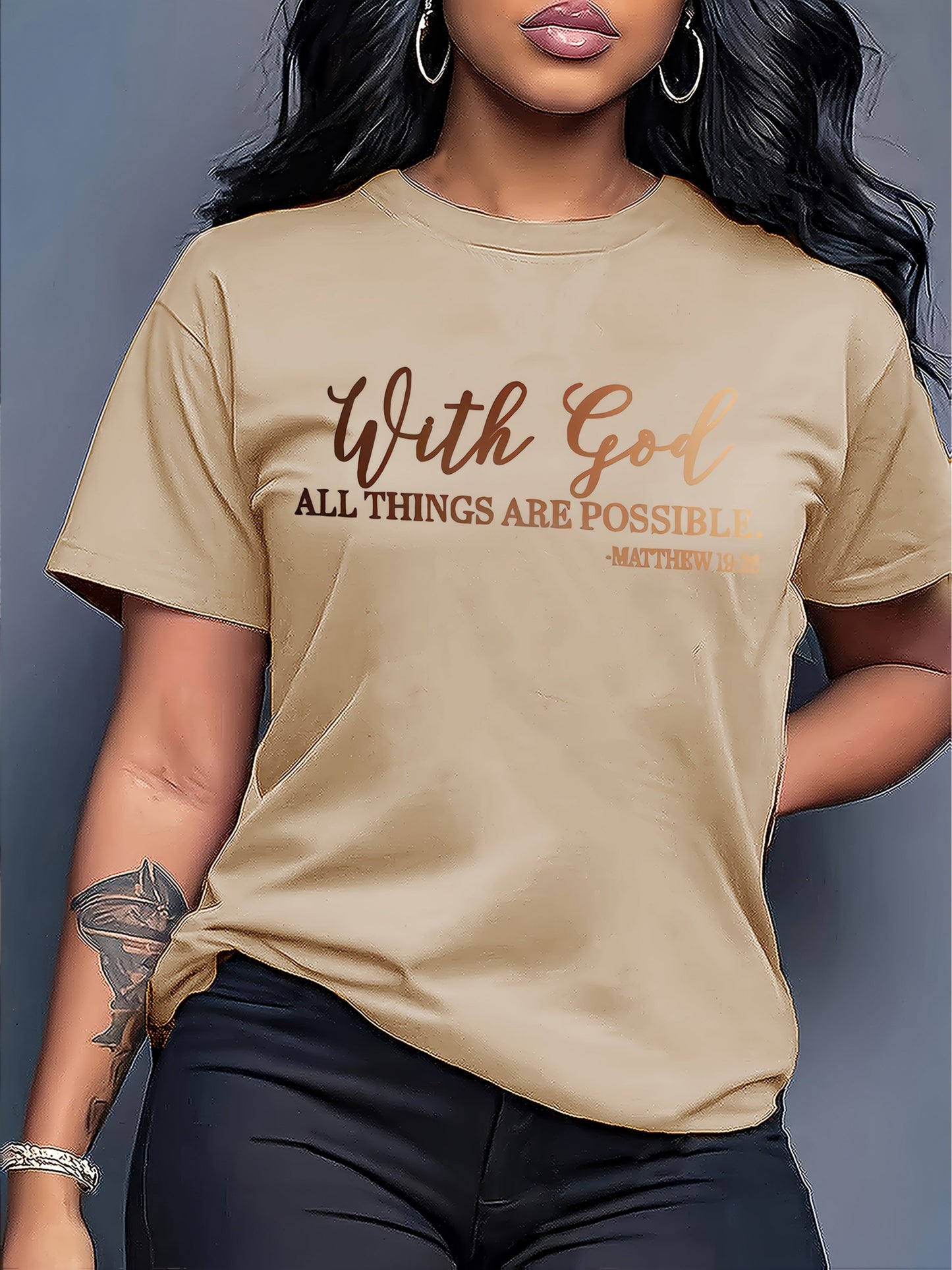 [Soft Christian Faith T-Shirt] Women's Soft Everyday Christian Faith T-Shirt | 'With God Everything is Possible' Bible Verse (Matthew 26:4) | Light Blue Casual Top for Church, Everyday Outfits | Machine Washable, Durable, Com