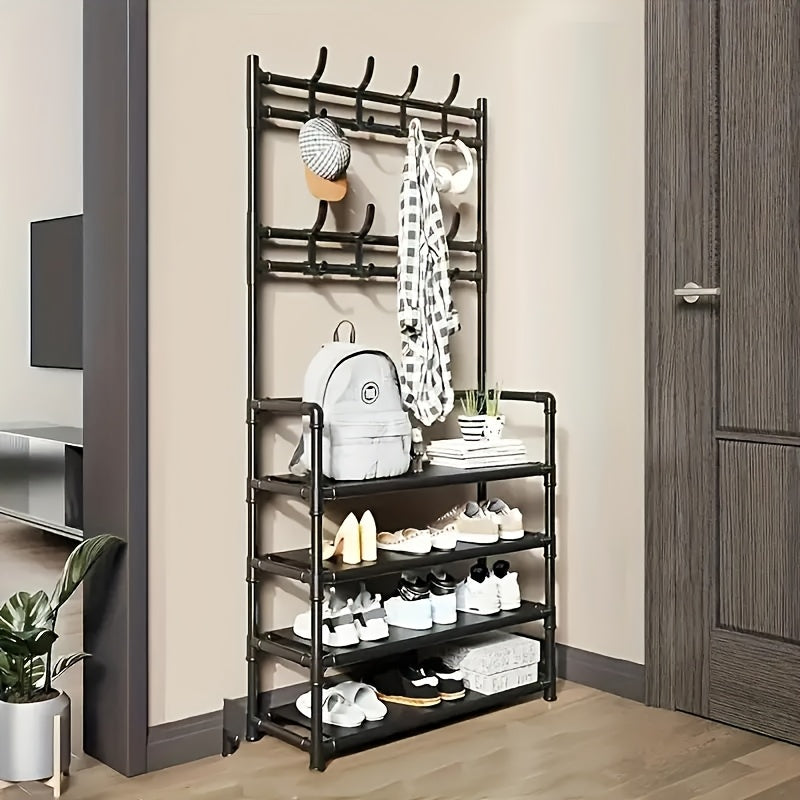 5-Tier Metal Shoe and Coat Rack with Detachable Hooks – Space-Saving Storage for Home, Apartment, or Dorm – Black, Freestanding Design, Perfect for Organizing Shoes and Accessories