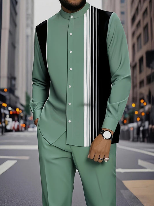 2pcs Men's Striped Casual Sportswear Set - Beige & Black Horizontal Striped Long Sleeve Shirt & Matching Trousers, All-Season Comfort, Machine Washable, Versatile for Casual & Semi-Formal Wear, Ideal Gift for Men (Regular Fit