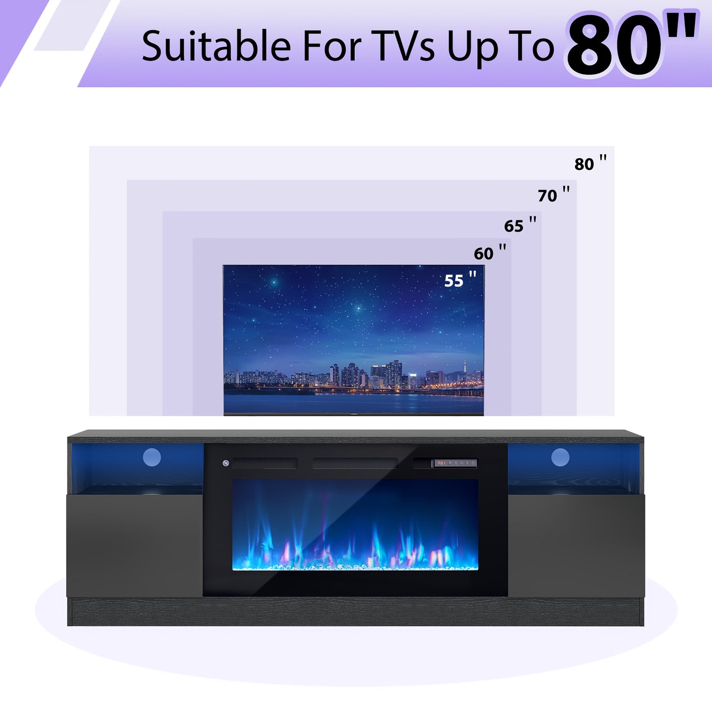 Modern Electric Fireplace TV Stand Entertainment Center with 36.3" Wall-Mounted Fireplace, 12-Color LED Lights, High-Gloss Storage Cabinet & Hardwood Construction - Fits TVs Up to 80", Energy-Efficient, Adjustable Timer