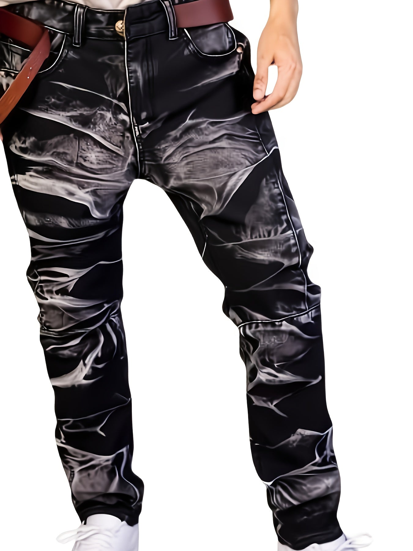 HME Men's Stretch Jeans - Mid-Rise Slim Straight Leg with Tie-Dye Black/White Pattern, Built-in YKK Zipper Closure, Machine Washable Denim Pants for Everyday & Formal Wear - Streetwear Essentials, Versatile Clothing, Vintage