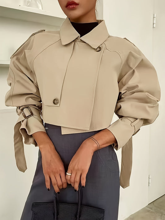 Women's Button-Decorated Short Trench Coat - Raglan Sleeve with Adjustable Cuffs, OOTD Streetwear Cool Outfit, Loose Waistband Fitted Solid Color Jacket
