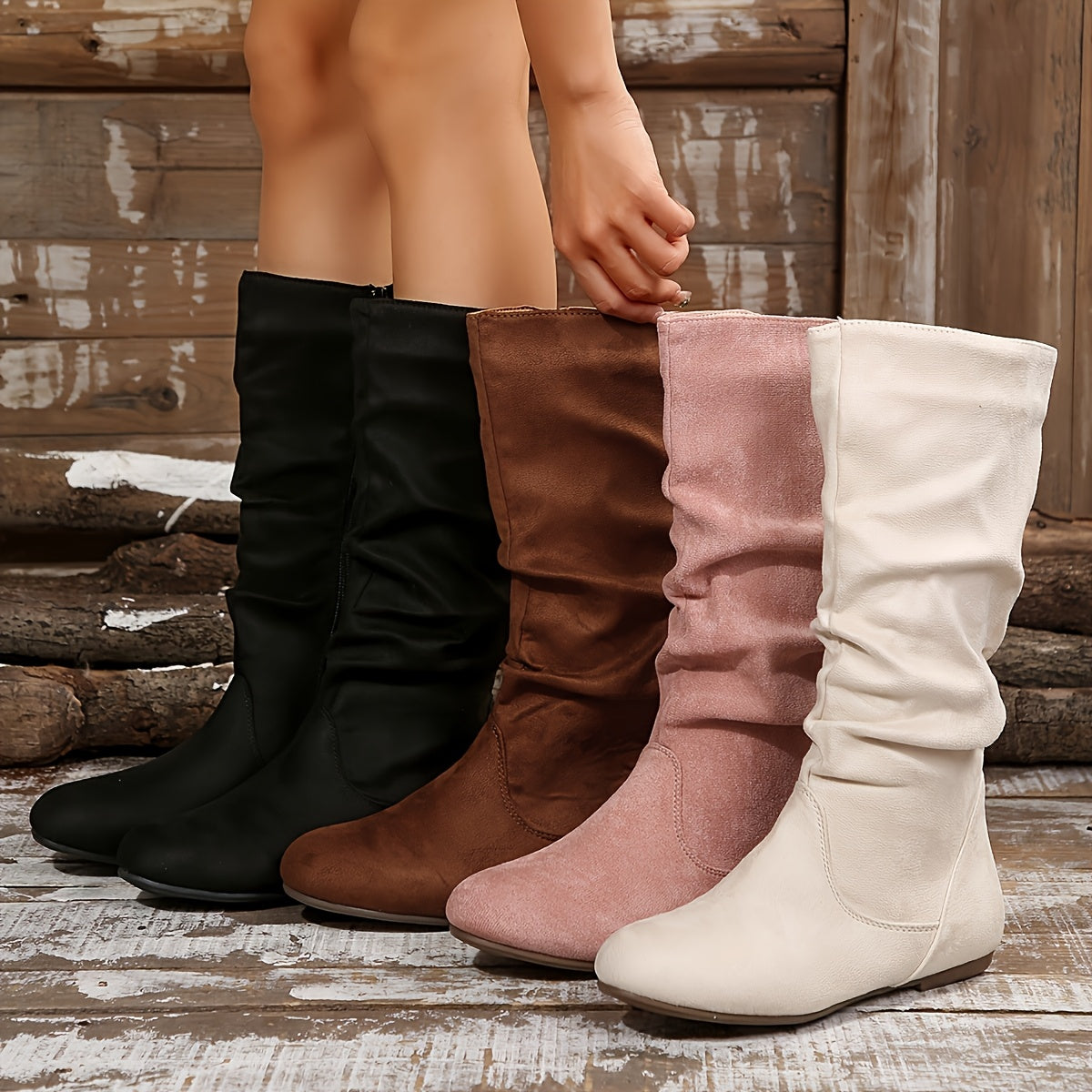 [Women's Ankle Boots] Women's solid color mid-calf ankle boots with pleated design on the boot shaft and zipper on the side. Fashionable Women's ankle boots, suitable for matching with skirts pants in autumn and winter
