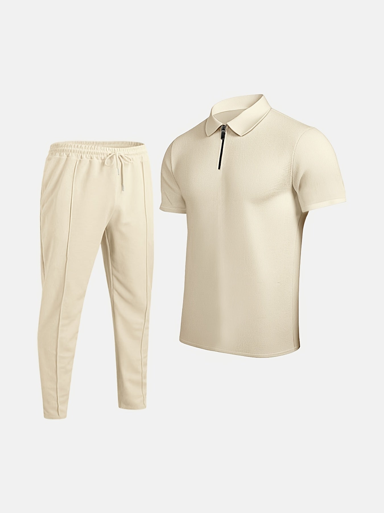 Men's Waffle Texture Lapel Shirt And Pants Set - Polyester Short Sleeved Shirt, Zipper Access, Elastic Drawstring Waist Straight Leg Pants 5 Colors Suitable For Spring, Summer, Autumn, Beach, Outdoor Activities, Daily Wear, S