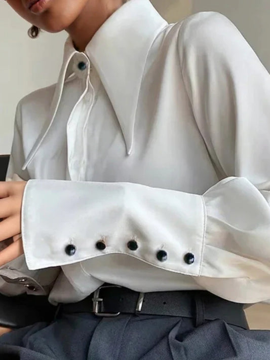 Women's Elegant White Large Collar Shirt with Cuff Button Closure - Winter Warm Structured Blouse, Long Sleeve Pointed Collar for Formal & Semi-Formal Events, Hand Washable Solid White Dress Shirt for Women, Non-Stretch Fabri
