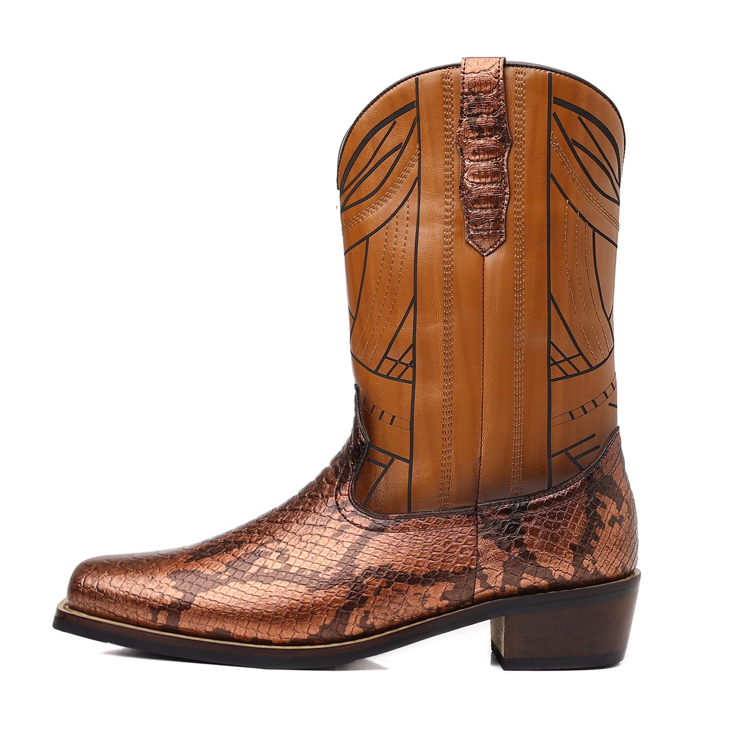Men's Western Cowboy Boots with Imitation Snake Pattern & Wooden Heel Sole - Slip-Resistant High Heel, Pointed Toe Long Boots for Men & Women, Rustic Brown Booties for Casual & Semi-Formal Outfits