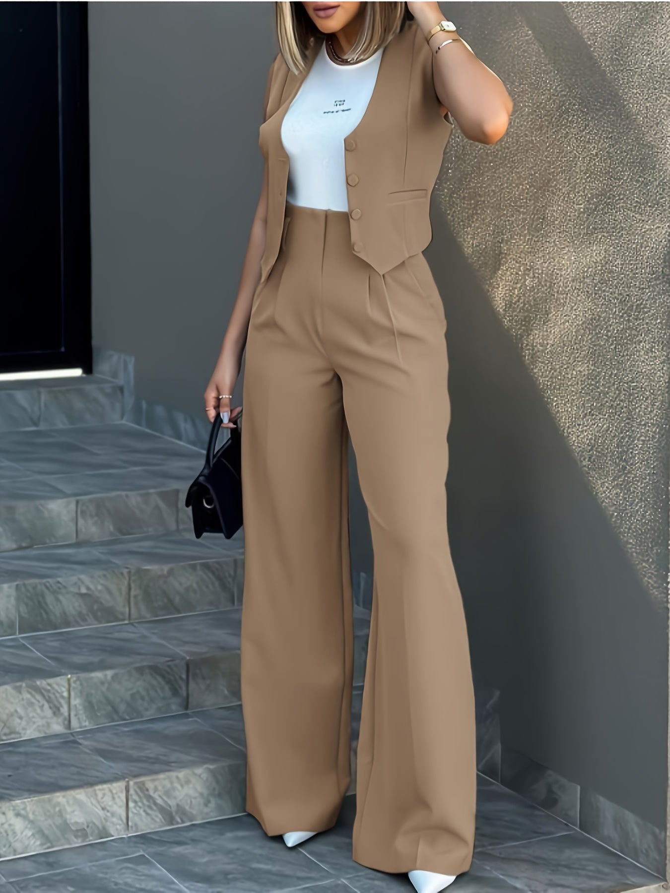[2pcs Elegant Vest & Pants Set] 2pcs Elegant & Fashionable Casual Vest and Wide-Leg Pants Set | Must-Have for Daily Commuting