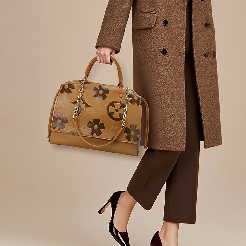 [Elegant Floral Tote Bag] IVKMIVK Women's Floral Embossed Tote Bag - Elegant Synthetic Faux Leather with Golden-Tone Hardware, Large Capacity, Perfect for Daily Commute, Office, and Travel | Floral Embossed Design | Office To