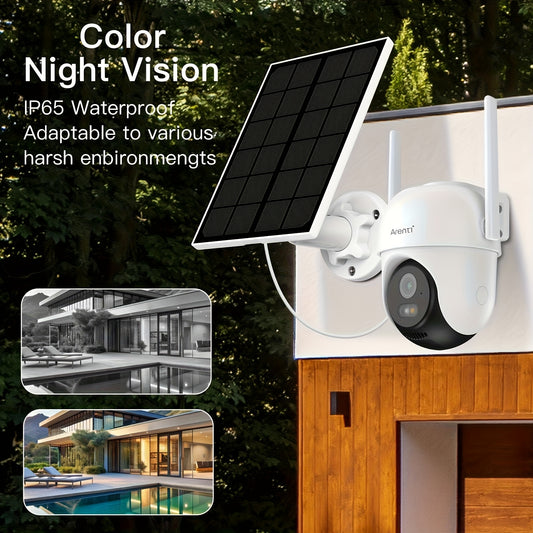 Arenti GO2T 1296P FHD, 3MP FHD Security Camera Wireless Outdoor, PTZ Solar Wireless Security Camera with AI Human Detection, Wire-Free Battery Solar Powered, Color Night Vison, 2.4G Wi-Fi, 2-Way Audio, Prevent Rainwater Damag