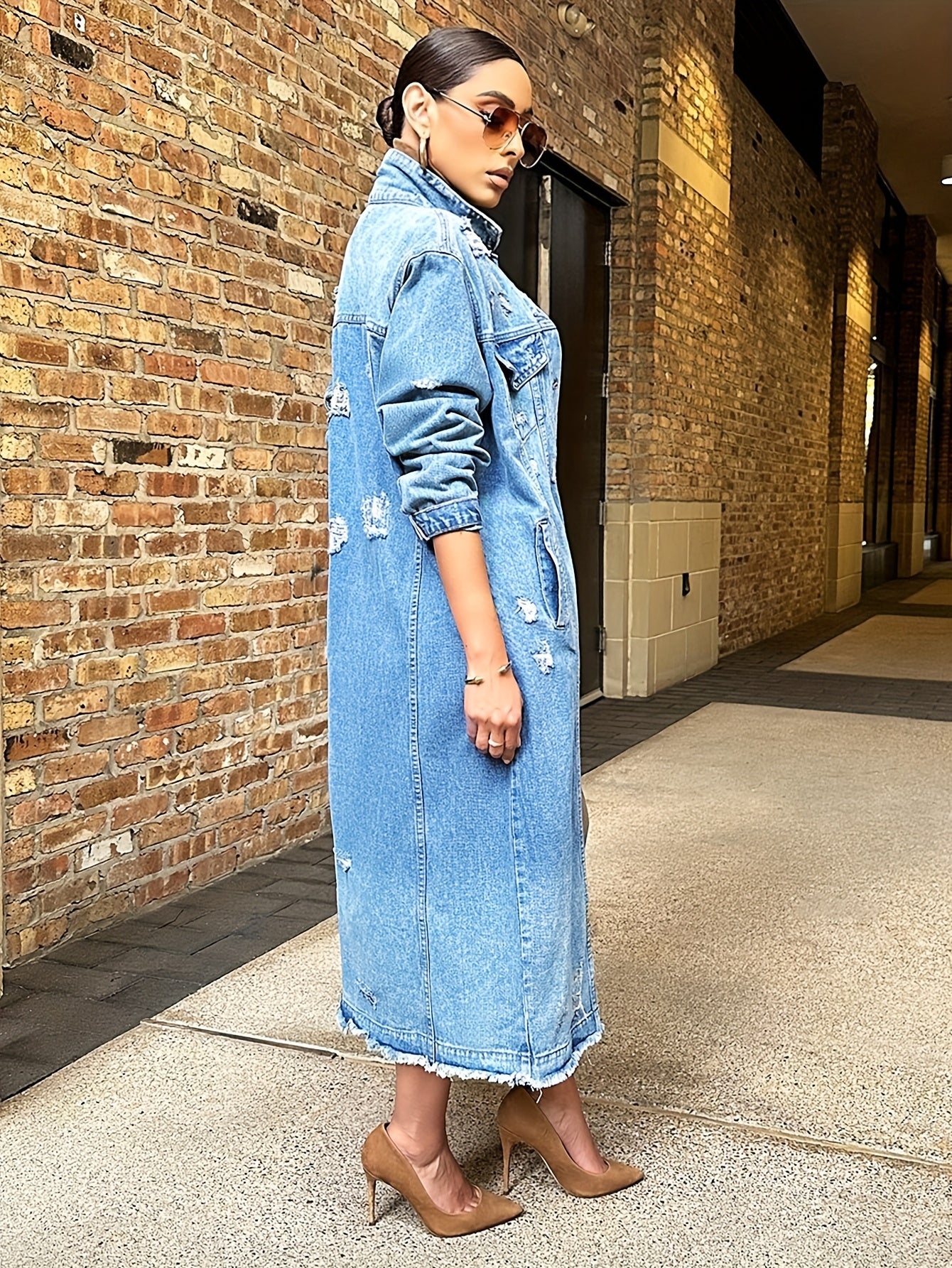 Broken Hole Long Denim Jacket, Women'S Denim Trench Coat Jacket, Real Pocket