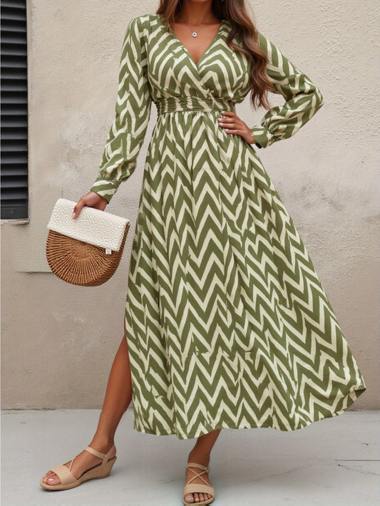 V - Neck Lantern - Sleeve Smocked, Olive Green Chevron Print, Fashion Vacation - style Slit Maxi Dress