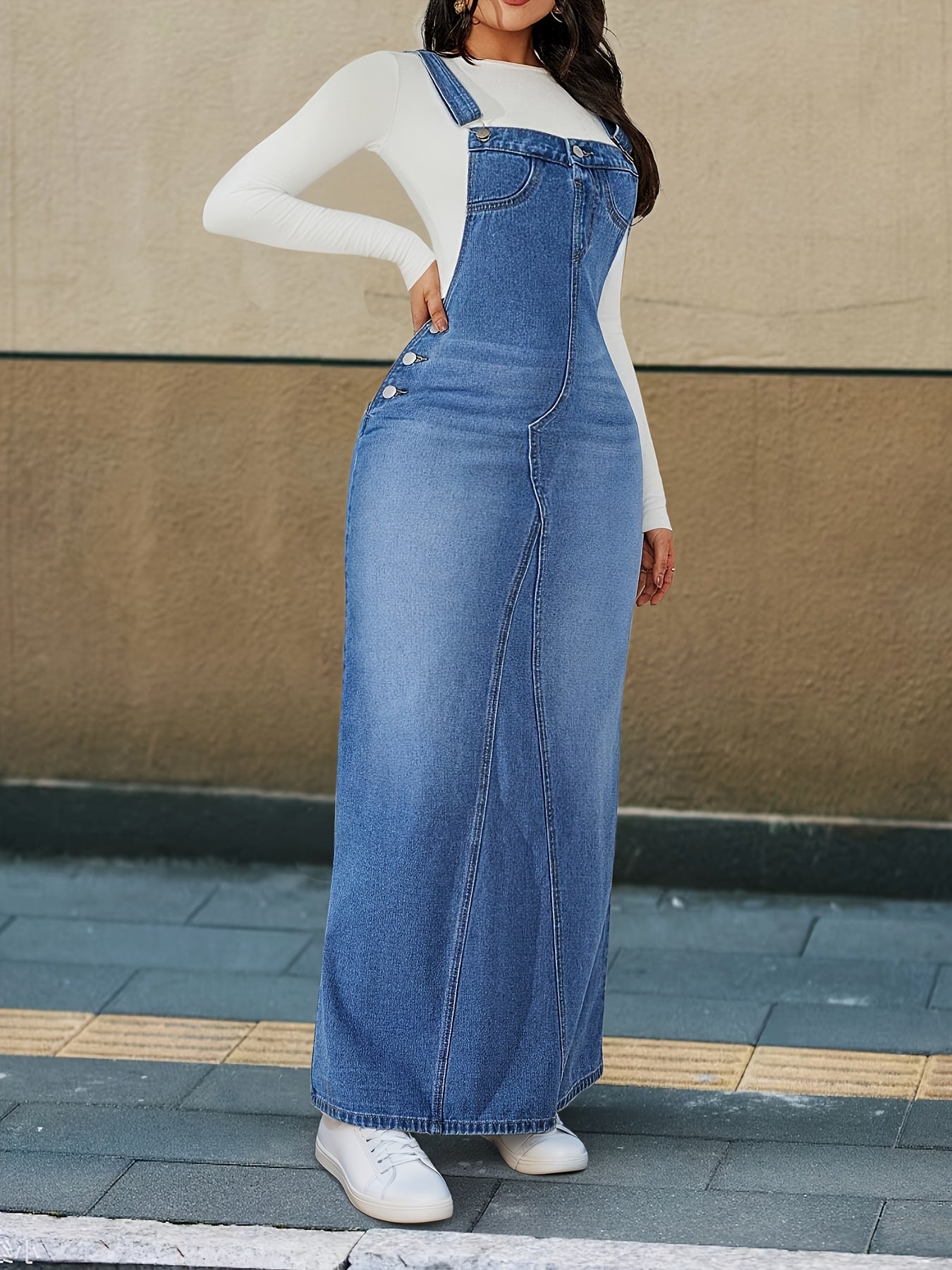Durable Denim Dress - Women's Non-Stretch Loose Fit Long Skirt with Detachable Strap, Multiple Buttons for Easy Closure, Everyday to Formal Outfits - Casual Chic Outwear, Versatile Outfit Option