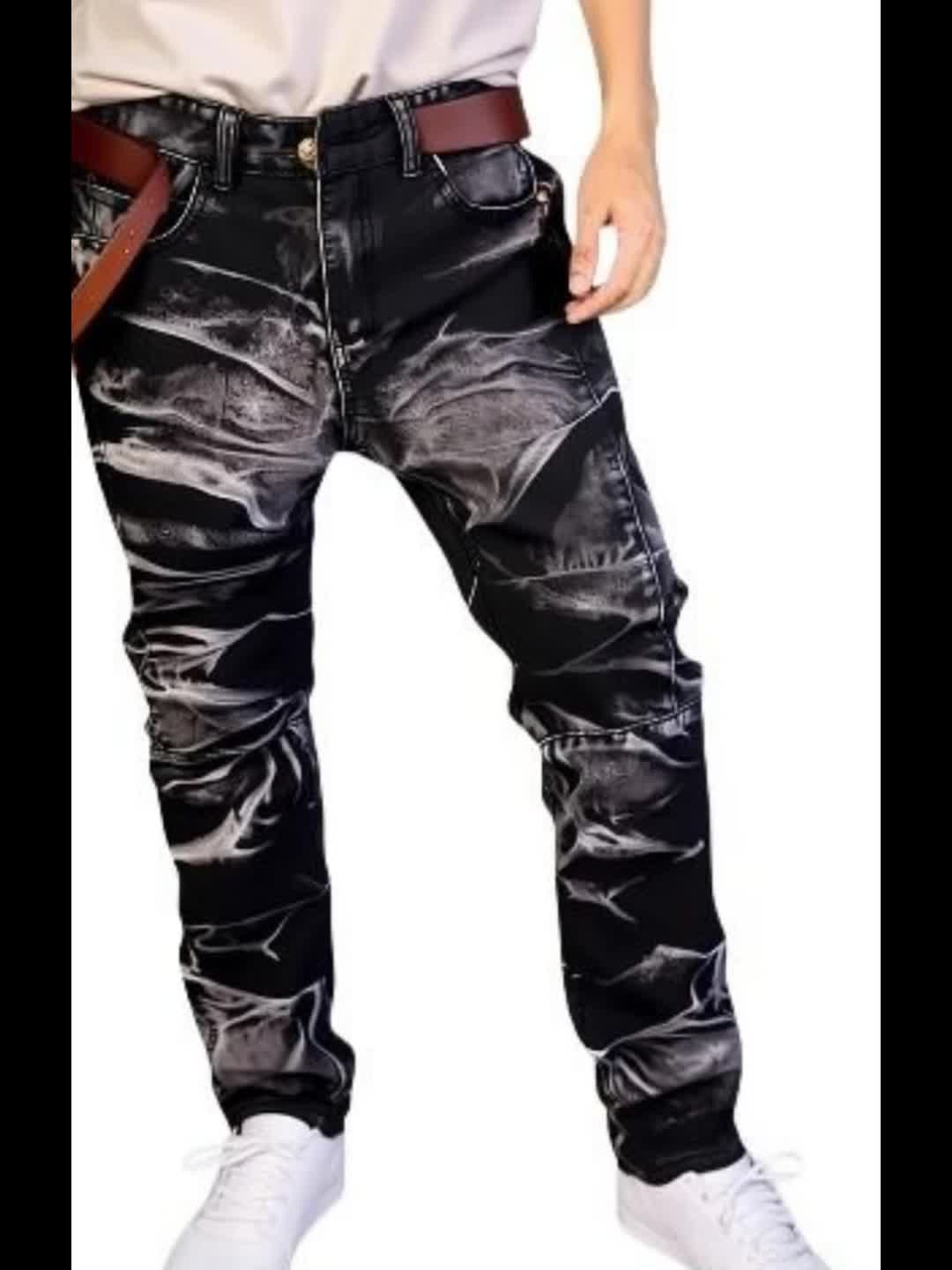 HME Men's Stretch Jeans - Mid-Rise Slim Straight Leg with Tie-Dye Black/White Pattern, Built-in YKK Zipper Closure, Machine Washable Denim Pants for Everyday & Formal Wear - Streetwear Essentials, Versatile Clothing, Vintage
