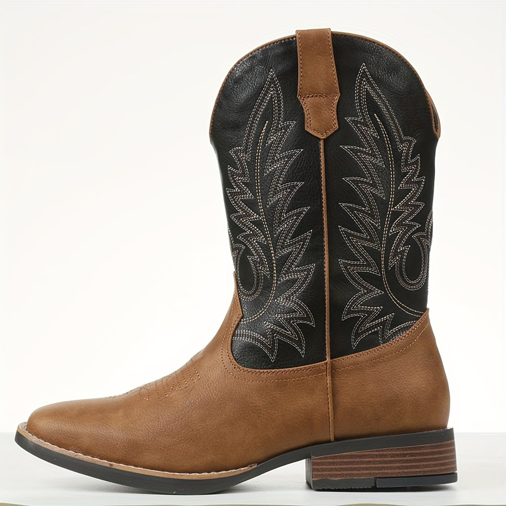 Men' Retro Cowboy Boots Chunky Heel Square Toe Western Boot Pull Embroide Work Shoes Durable Classic Vintage Spring Fall Shoes