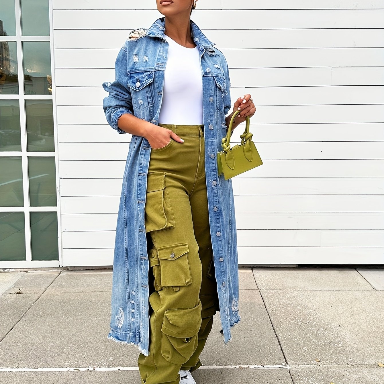 Broken Hole Long Denim Jacket, Women'S Denim Trench Coat Jacket, Real Pocket