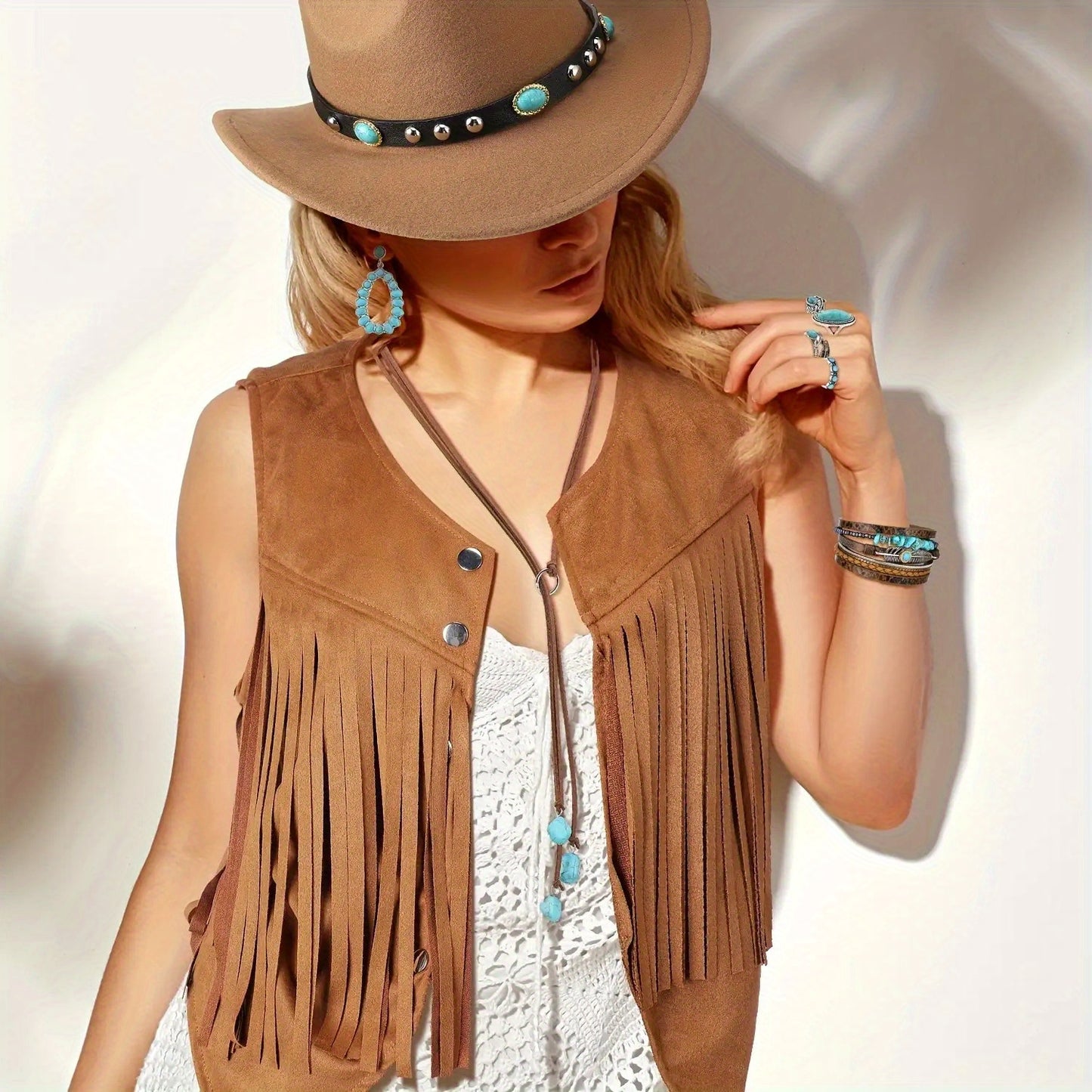 9-Item Collection for Women Featuring a Western-Style Cowboy Vest, Bohemian Cowboy Hat, And Accessories for Halloween Role-Playing (In Khaki Color).