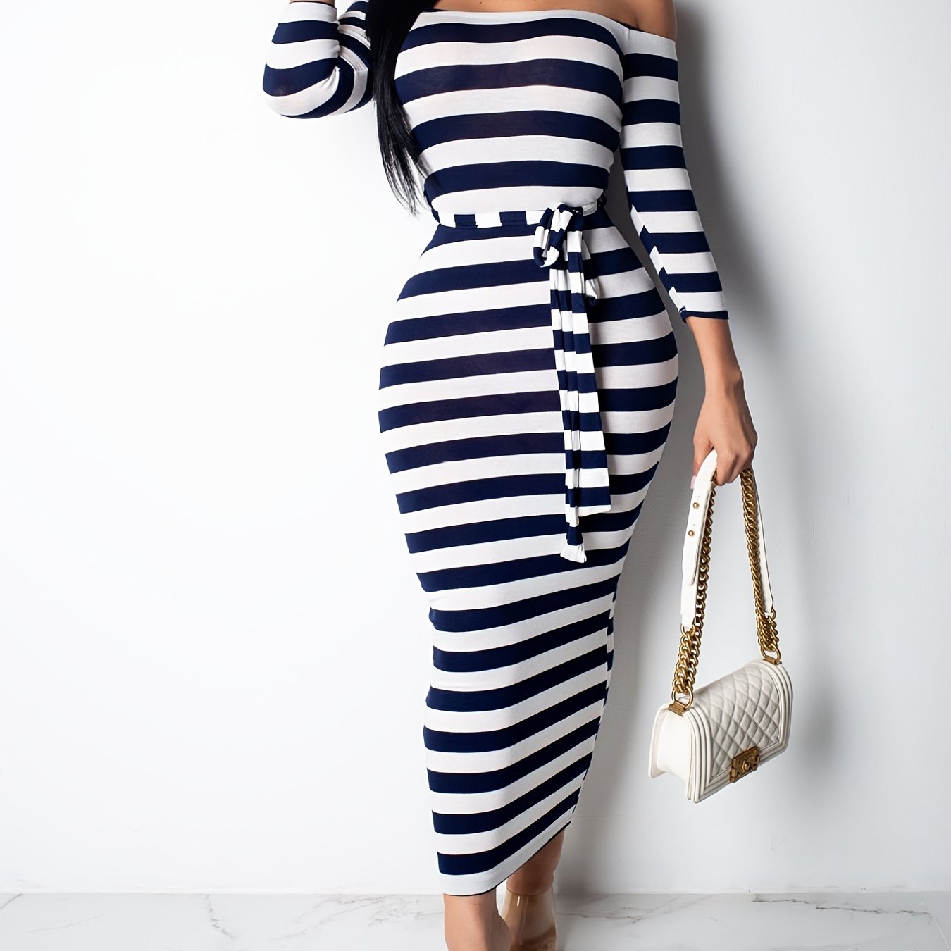 [Off Shoulder Striped Dress] Off Shoulder Striped Dress, Stretchy Long Sleeve Dress, Casual Every Day Dress, Women's Clothing