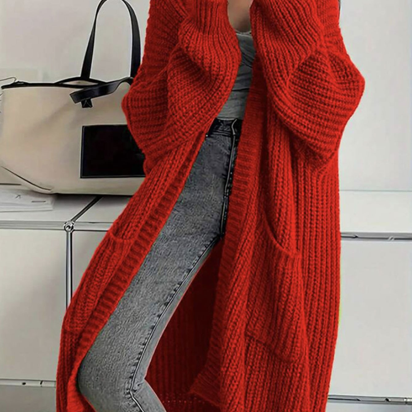 2025 Women'S Casual Long Sleeve Open Front Sweaters with Pockets in Plain Rib for Autumn, Long Cardigan For Women, Women'S Cardigan, Winter Clothe For Women, Fall Clothe For Women, Top For Women