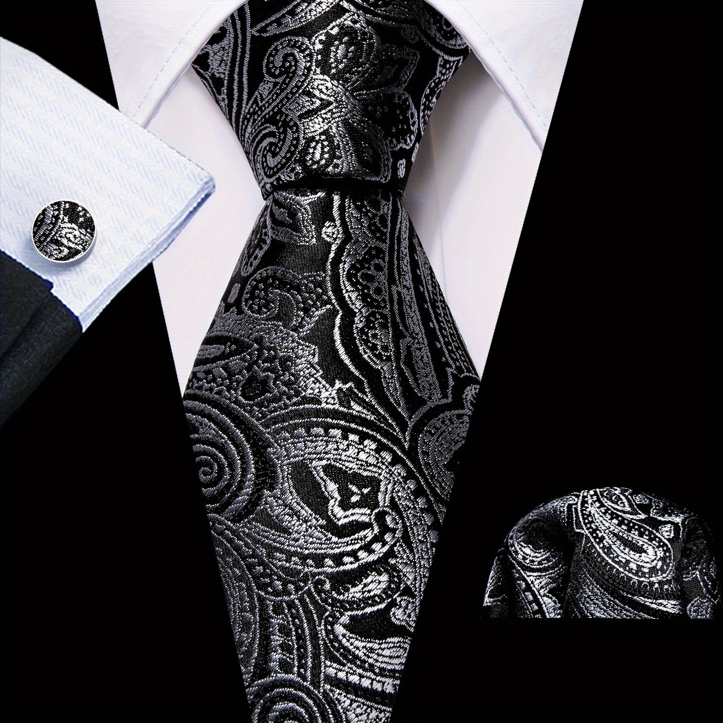 LINEZISEID 3pcs/set Men's Silk Classic Floral Necktie with Hanky And Cufflinks for Business & Wedding, Father's Day Gift, Paisley Ties for Men, Novelty Ties for Men, Special Occasion, Business Attire, Paisley Design, Elegant