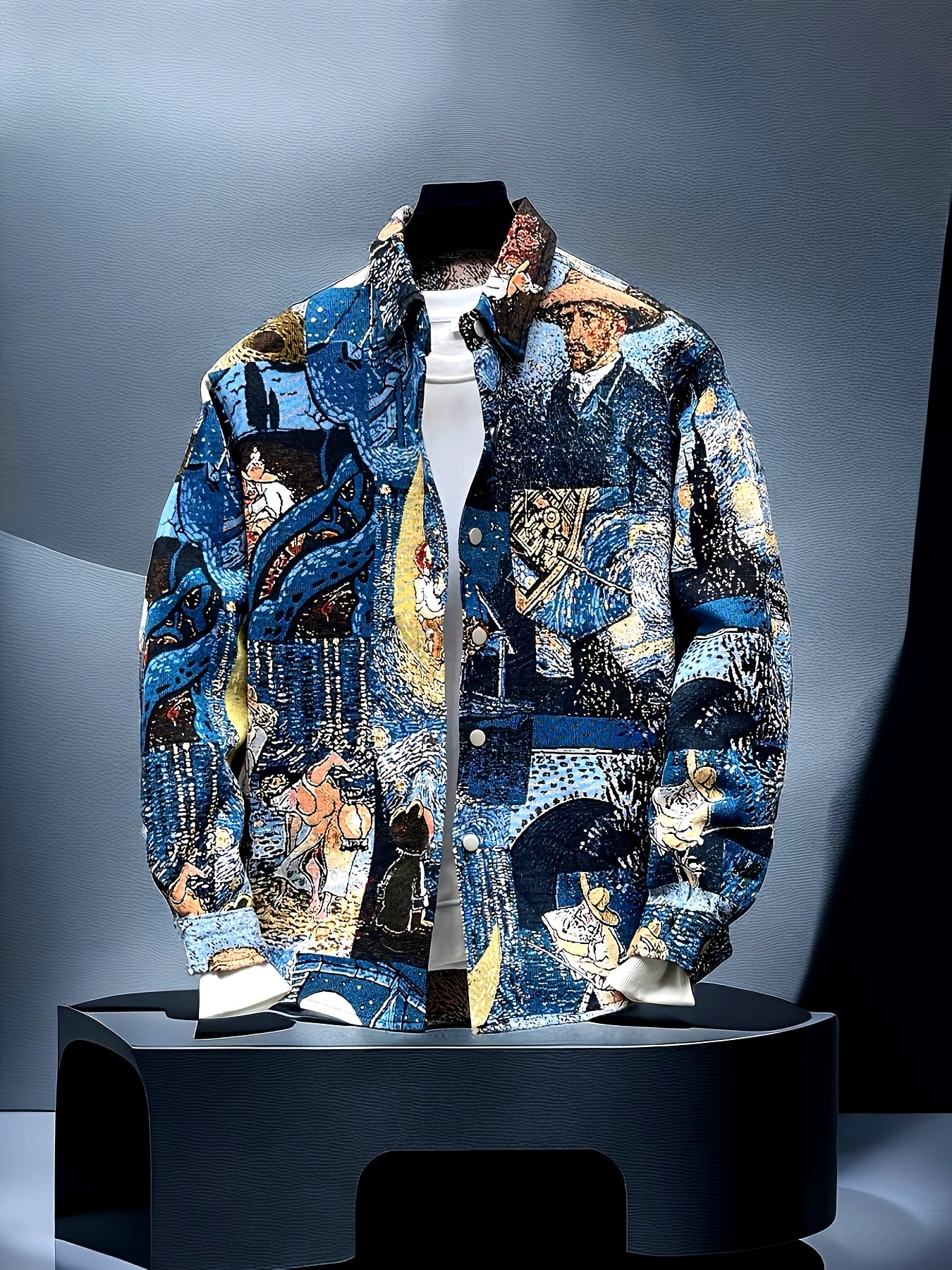 Men's slim-fit long-sleeve shirt - Van Gogh-inspired art buttons top, suitable for both formal and casual wear, machine washable polyester suit alternative - an ideal gift for art enthusiasts, street-style fashion outfit, ver