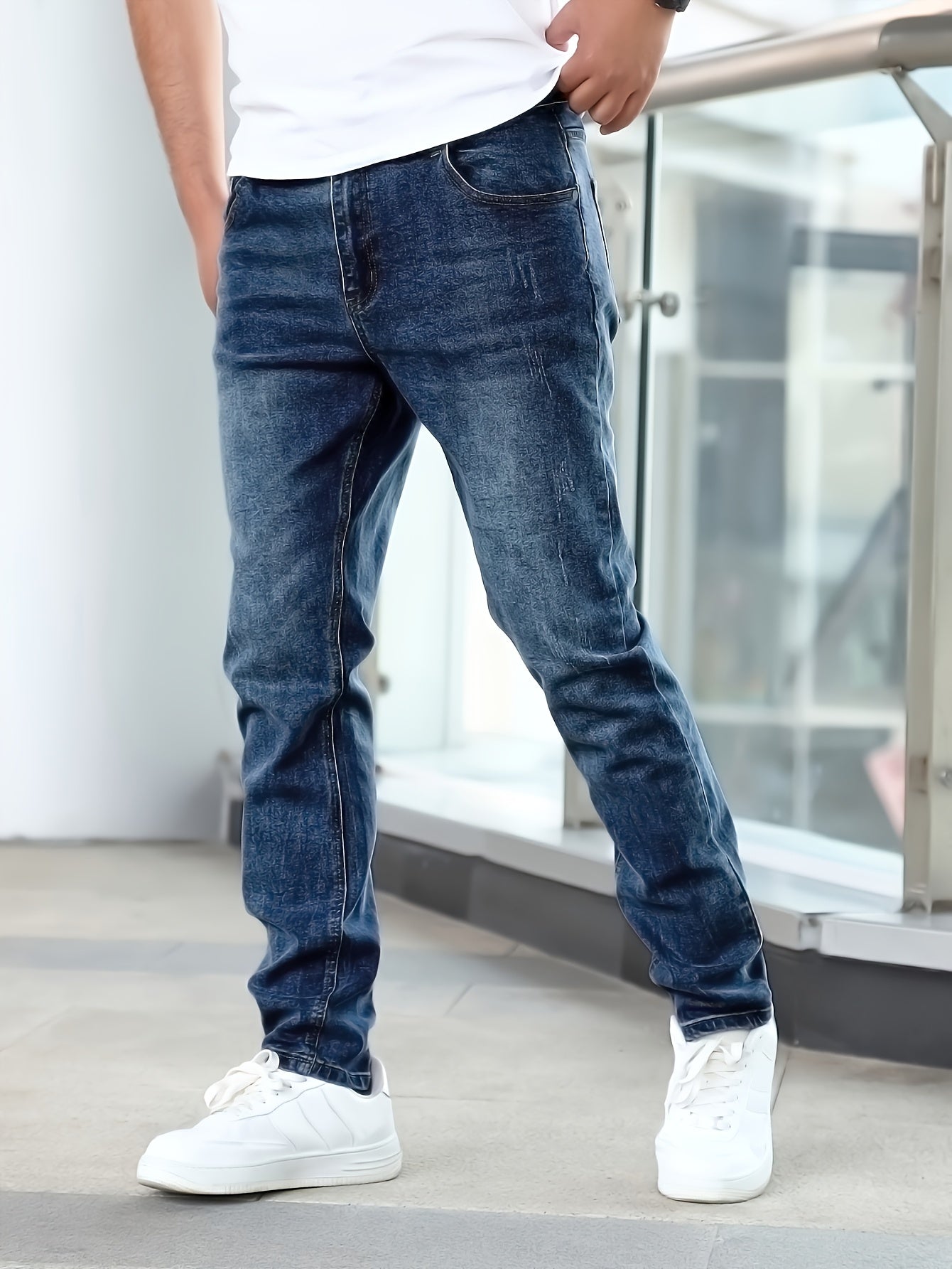 Men'S Jeans Slim Blue Stretch Men'S Simple Casual Small Straight Business Men'S Pants, Suitable For All Seasons