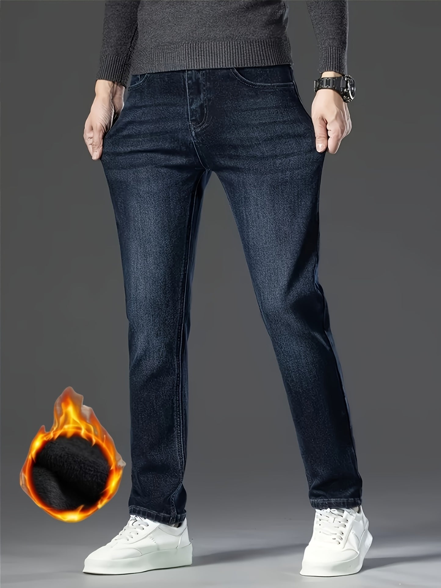 HME Men'S Thermal Insulated Fleece-Like Faux Denim Faux Denim - Mid-Rise Straight-Leg Winter Pants with YKK Zipper Closure, Machine Washable & Beltless Design, Business Casual & Casual Attire, Cold-Resistant Stretch Fabric (R