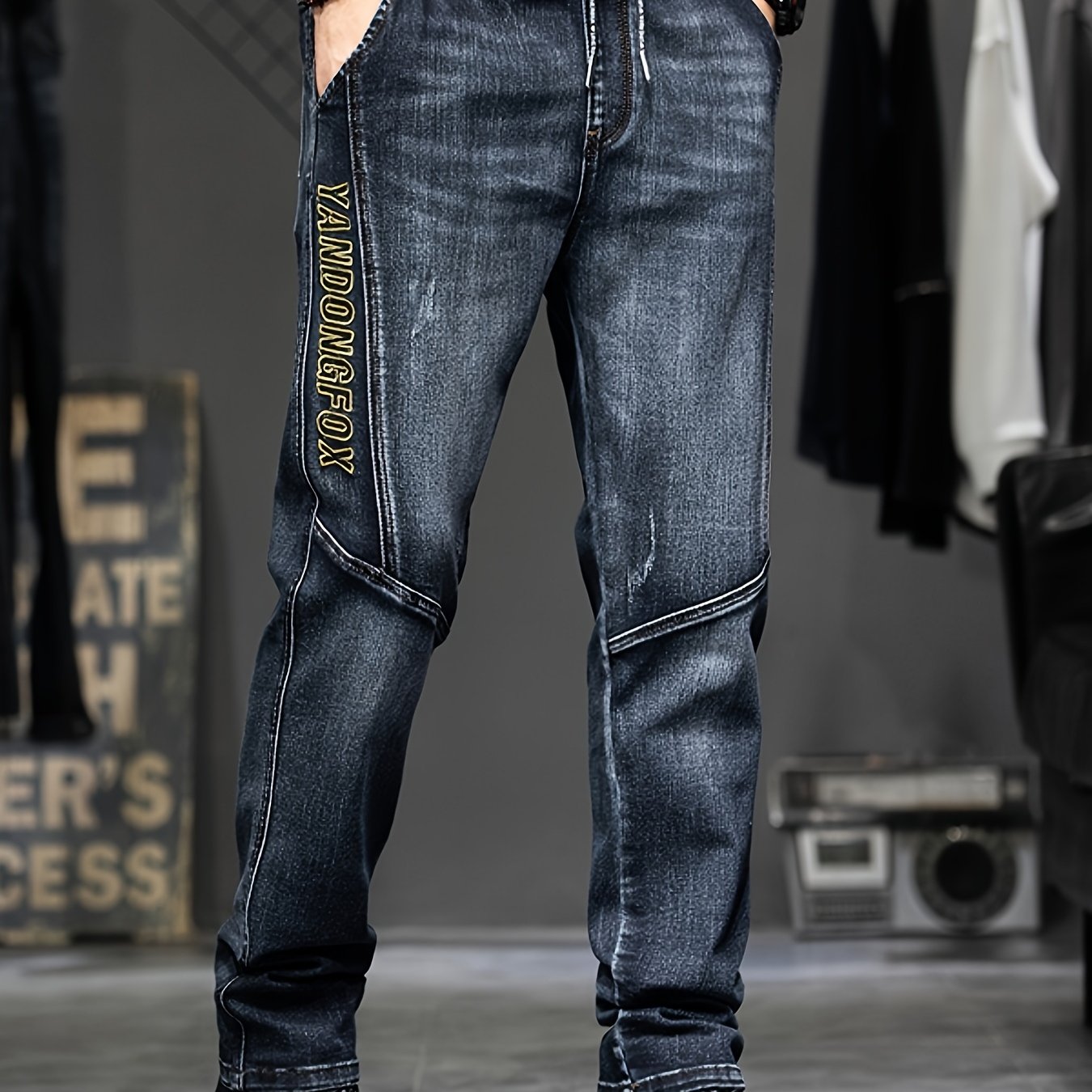 Men'S Slim-Fit Embroidered Denim Jeans with Adjustable Drawstring Waist - Stretch Straight-Leg Pants for Fall/Winter, Casual Casual Attire, Light Blue Washed Design, Comfortable Fashion, Fashionable Casualwear, Durable Fabric