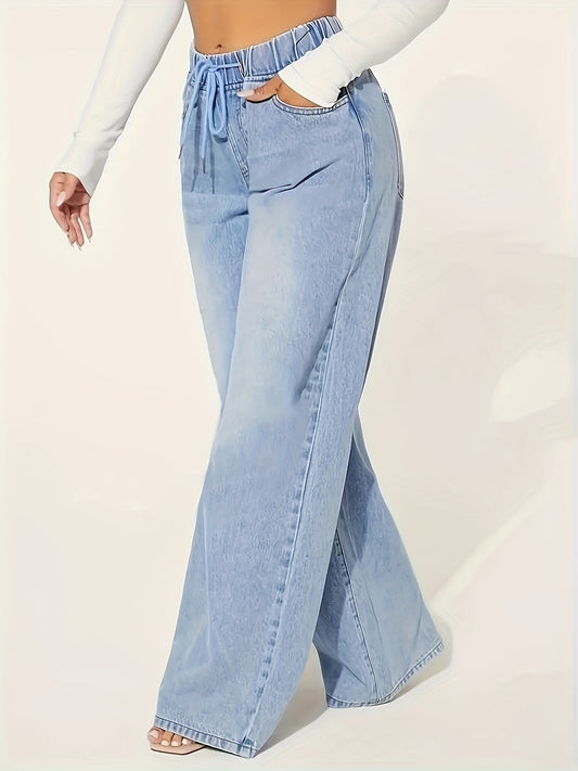 [Lightweight Denim Jeans] YIWEIDI Women's Lightweight Non-Stretch Wide Leg Denim Jeans | Casual Loose Fit, Drawstring Elastic Waist, Light Blue Washed, Perfect for Spring/Summer/Fall