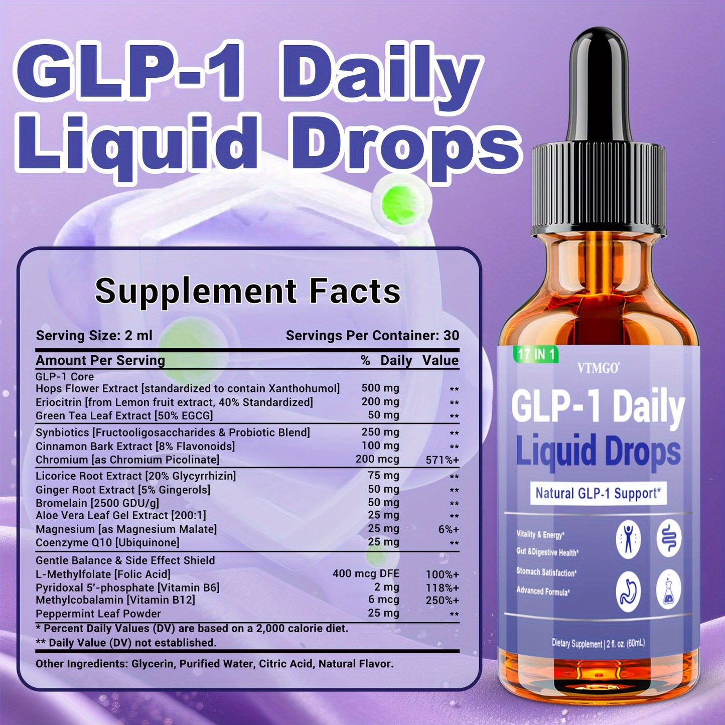 GLP-1 Daily Liquid Drops, GUT Health. Helps Appetite.B Vitamins, Ceylon Cinnamon, Probiotics, Ginger Root, Hops Flower, Green Tea, L-Methylfolate, Magnesium.Antioxidant, Balanced Diet, Suitable for Both Men and Women. Each Bo