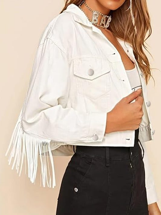 Autumn And Winter Women's Fashion Tassel Short Denim Jacket, Short Coat, Convenient Pocket Fashion Style, Halloween, Christmas, Party All-match Jacket, Everyday Coat, Casual Wear, Short Jacket, Stylish Outerwear, Denim Fabric