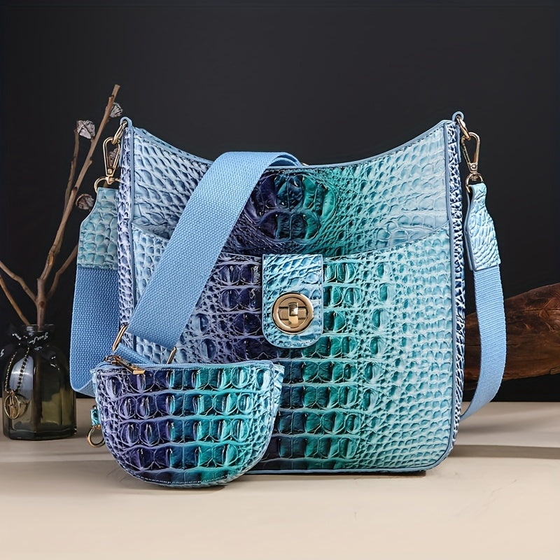 Elegant women's cross-body bag, fashionable color crocodile pattern cross-body bag, wide shoulder strap removable two-piece women's bag, safety zipper bag with coin purse