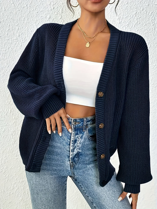 Women'S V-Neck Button-Front Cardigan - Long Sleeve Sweater Jacket, Loose Fit Open Front Design, Solid Color Casual Chic Layering Piece for Spring & Fall, Versatile for Casual Attire, Spring Fall Apparel, Durable Knitwear, Spr