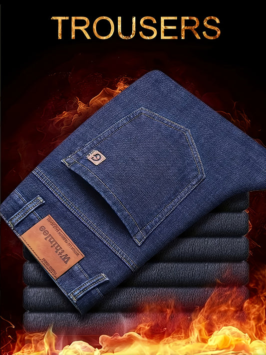 HME Men's Thermal Insulated Fleece-Like Faux Denim - Heavy-Duty Winter Pants with YKK Zipper Closure, Mid-Rise Straight-Leg Fit, Windproof & Cold-Resistant Faux Denim Trousers for Business Casual & Casual Attire, Classic Blue
