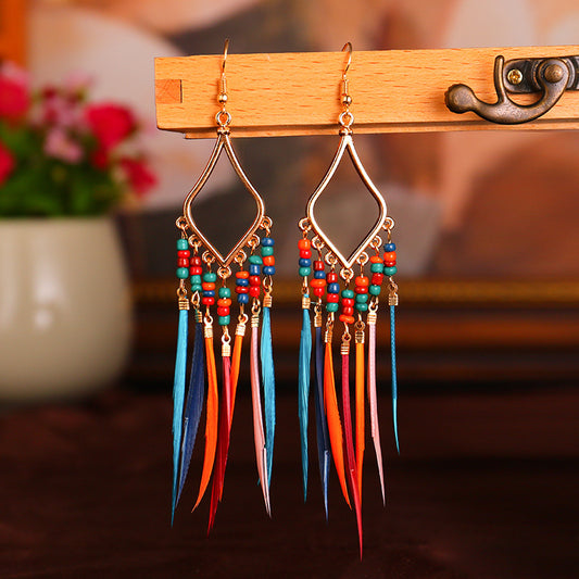 Ethnic Style Retro Feather Shaped Long Earrings for Men And Women, Bohemian Style with Multiple Colors, Suitable for Daily Wear Jewelry for Men And Women, Suitable for Christmas, Valentine'S Day Parties, Anniversaries, And Gi